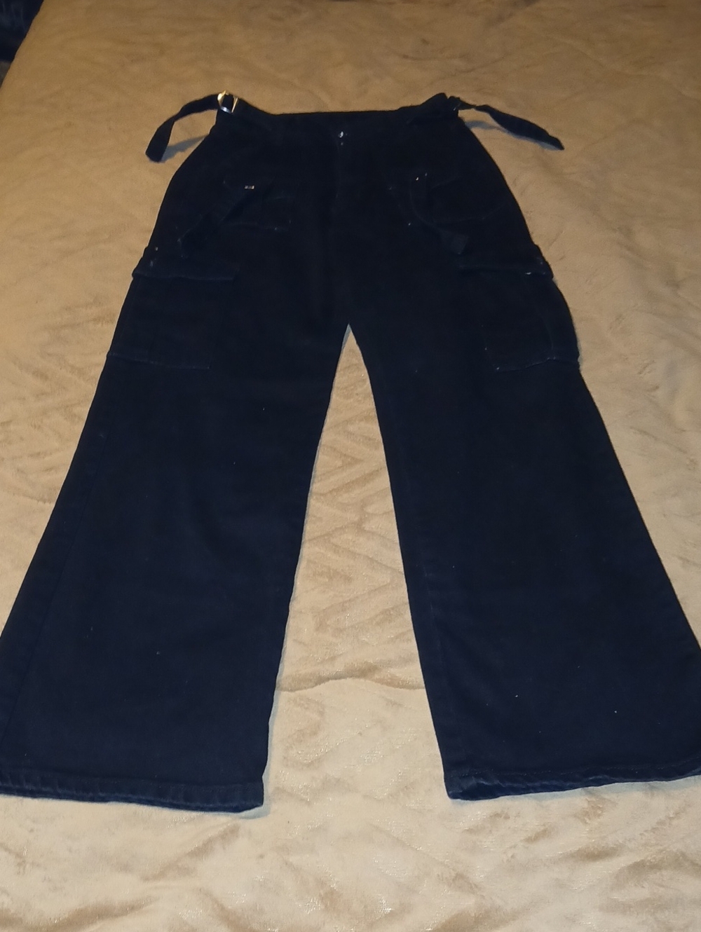 Womens Black Denim Wide Leg High Rise Cargo Pants Sz: Small